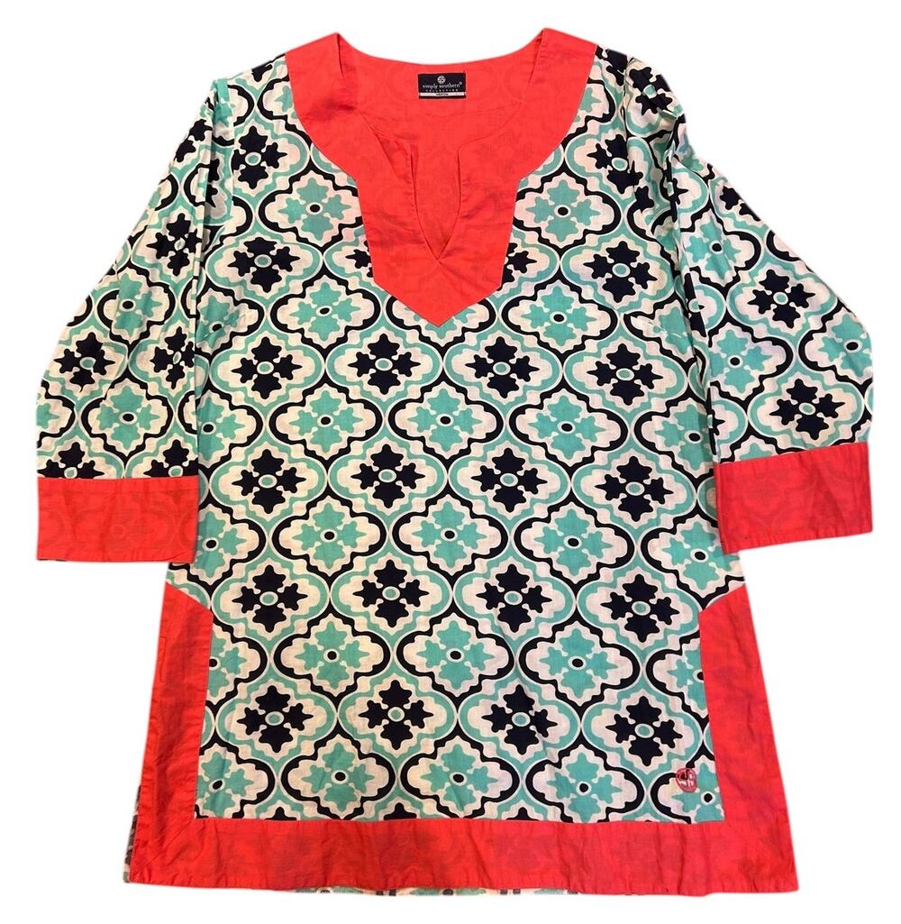 SIMPLY SOUTHERN COLLECTION Cotton Tunic Flower Top Shirt Aqua Medallion Medium